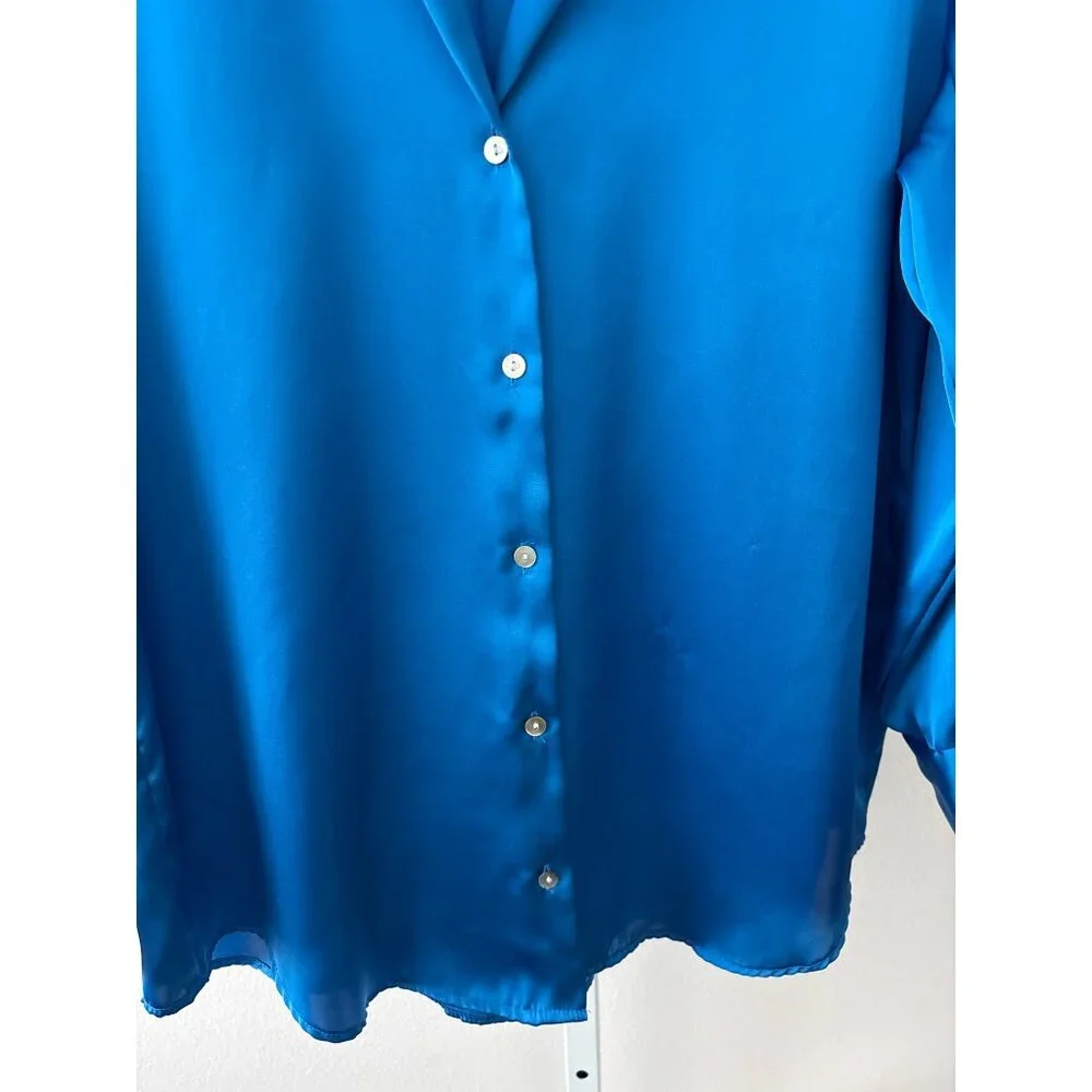 Zara Button Down Blouse Size XSmall Cobalt Blue Satin Corporate Core Polished - Picture 13 of 16